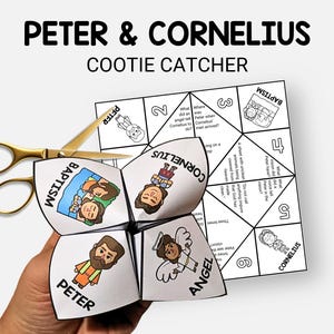 May include: A colorful paper cootie catcher with the text "Peter & Cornelius" and illustrations. The cootie catcher is held by a hand, with gold scissors nearby. The text on the cootie catcher includes "Baptism", "Peter", "Cornelius", and "Angel".