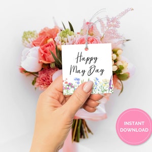 Happy May Day Printable Tags, Square May Day Tags, Watercolor Wildflower, May Day Gift Tag, Hang Tag, Bakers Tag, Digital Download