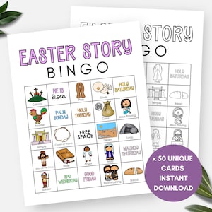 Könnte beinhalten: Ein druckbares Oster-Story-Bingo-Spiel mit 50 einzigartigen Karten. Die Bingokarte zeigt Bilder und Texte, die sich auf die Ostergeschichte beziehen, wie "Er ist auferstanden", "Palmsonntag", "Heiliger Dienstag", "Karfreitag" und "Heiliger Samstag".