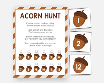 Acorn Scavenger Hunt, Fall Games, Riddle Treasure Hunt, Kids Printable Autumn Game, September October November Classroom Activity