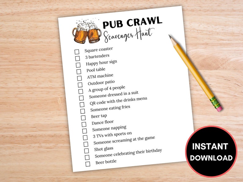 Bar Crawl Scavenger Hunt, Pub Crawl Scavenger Hunt, Pub Crawl Game, Bar