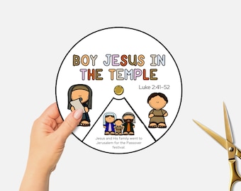 May include: A circular illustration titled "BOY JESUS IN THE TEMPLE" with cartoon figures and text from Luke 2:41-52. The image depicts Jesus and his family at the Passover festival. A hand holds the illustration, with gold scissors in the background.