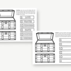Puede incluir: Manualidad imprimible en blanco y negro de un cofre del tesoro con instrucciones y etiquetas con forma de gema. Las etiquetas incluyen palabras como "Amor", "Oraci&oacute;n" y "Bondad". La imagen muestra dos versiones de la manualidad.