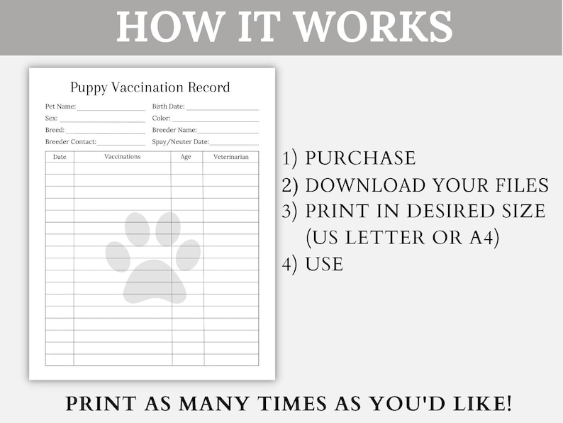 Puppy Vaccination Record, Puppy Shot Record, Pet Vaccination Form, Dog ...