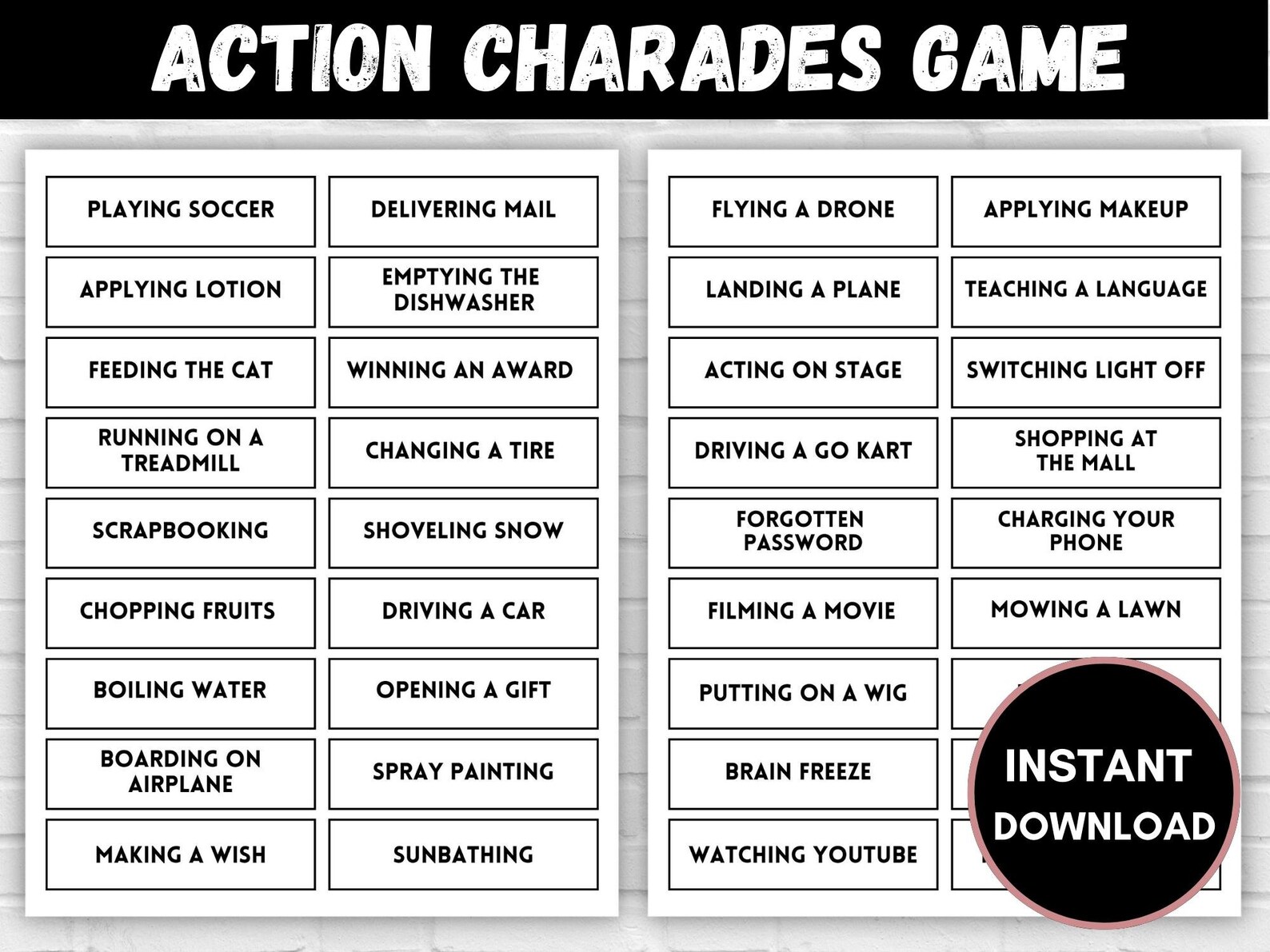 Printable Charades Game 70 Fun Words and Actions Charades Etsy