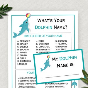 Qual é o seu nome de golfinho, divertido jogo de festa de aniversário para crianças e adultos, atividade para imprimir no dia dos golfinhos, fundo do mar, jogo quebra-gelo