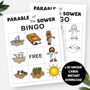 Parabole du semeur, 30 cartes de bingo sur l'histoire de la Bible, activité d'école du dimanche à imprimer, jeu Christian VBS, jeu de groupe d'étude de la Bible religieuse