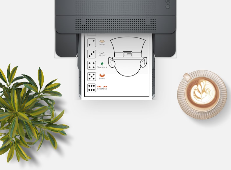 May include: A printable black and white coloring page featuring a leprechaun with a hat, shamrock, beard, nose, mouth, and eyebrows. The page includes a set of dice with different numbers of dots to represent each feature.