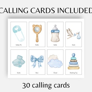 May include: A set of 30 calling cards for a baby shower. The cards feature illustrations of baby items such as a safety pin, rattle, bottle, stork, socks, bow, cloud, and stacking toy.