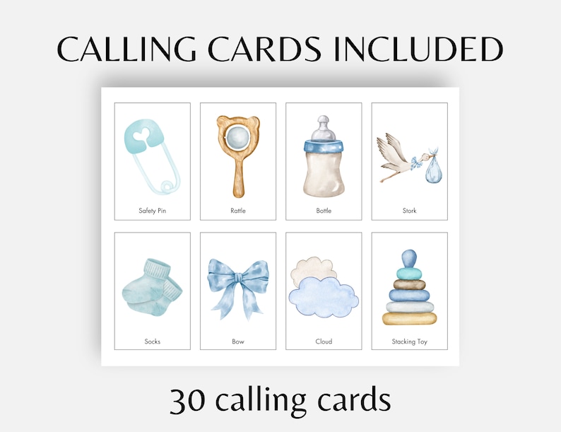 May include: A set of 30 calling cards for a baby shower. The cards feature illustrations of baby items such as a safety pin, rattle, bottle, stork, socks, bow, cloud, and stacking toy.