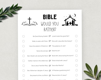 May include: A printable Bible Would You Rather game with black and white illustrations. The game features a series of questions with two options, such as "Be David facing Goliath or Jonah inside the great fish?"