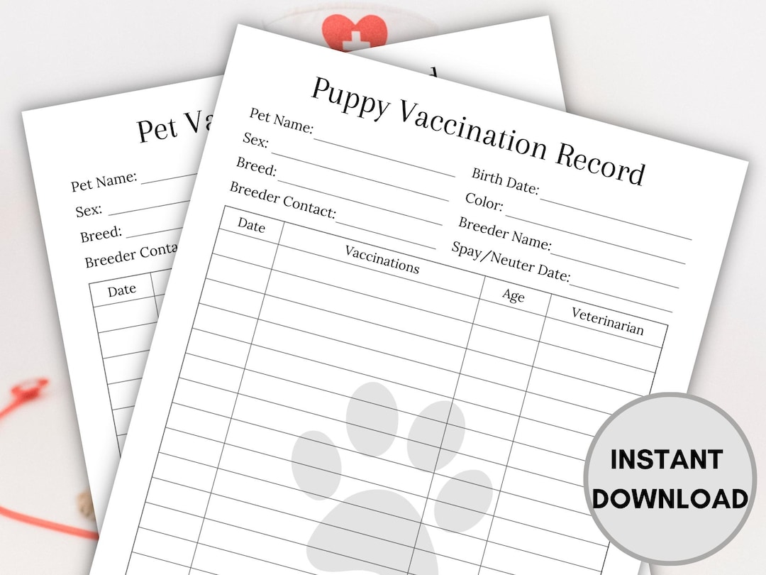 Puppy Vaccination Record, Puppy Shot Record, Pet Vaccination Form, Dog