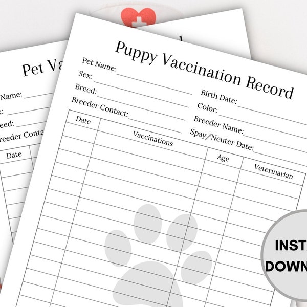 Puppy Vaccination Record, Puppy Shot Record, Pet Vaccination Form, Dog Shot Record, Pet Vaccine Tracker, Printable Dog Planner