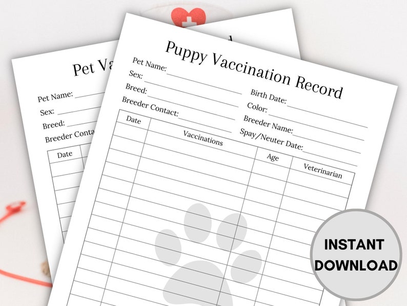 Puppy Vaccination Record, Puppy Shot Record, Pet Vaccination Form, Dog Shot Record, Pet Vaccine ...