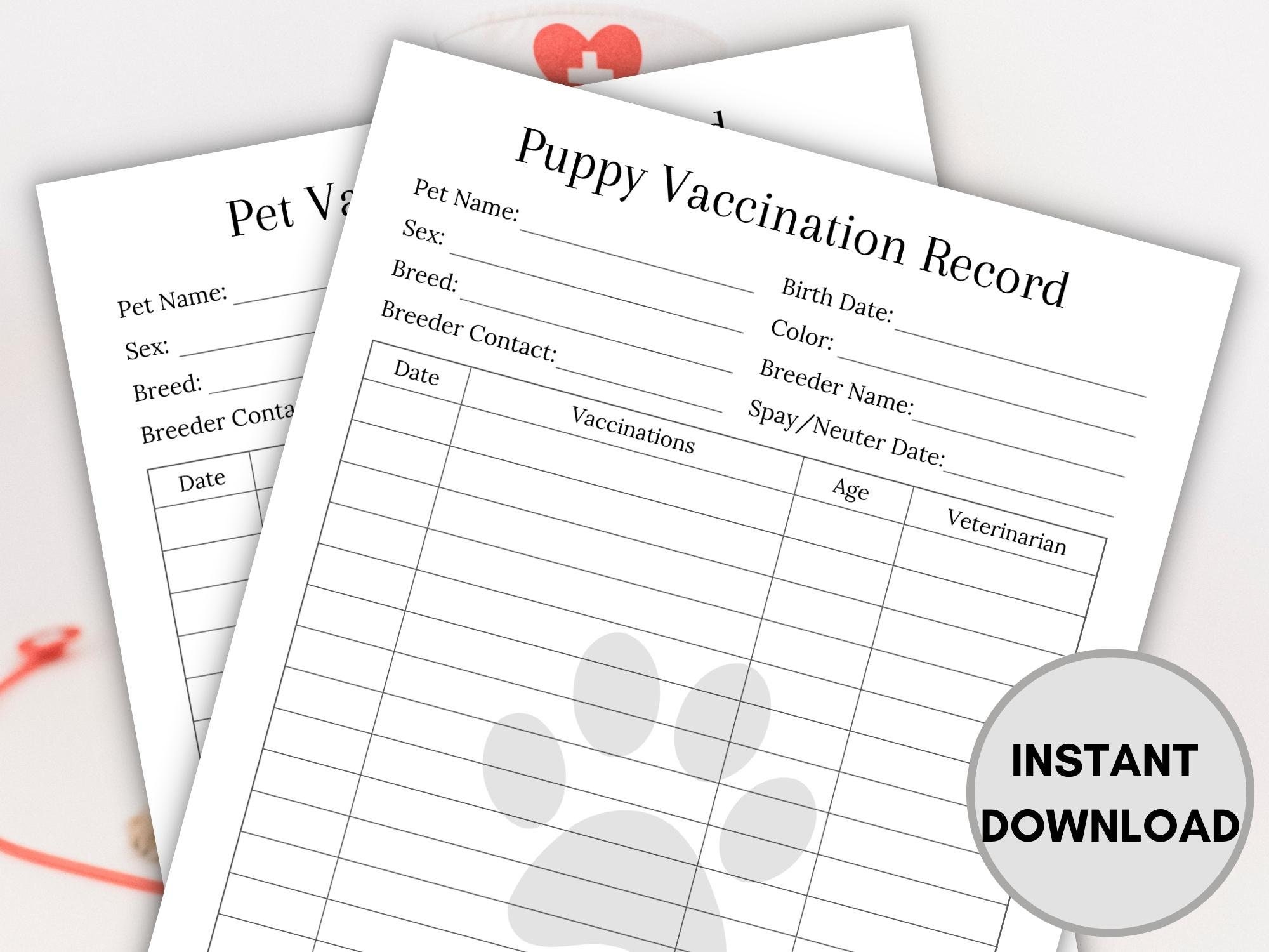 Puppy Vaccination Record, Puppy Shot Record, Pet Vaccination Form, Dog ...