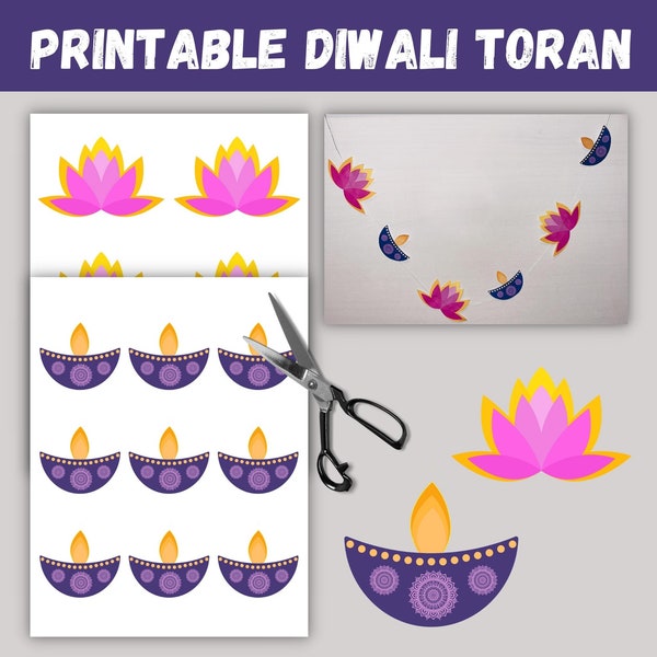 Diwali Toran Printable, Diwali Decorations, Diwali Crafts for Kids, Diwali Decorations Toran, Diwali Diya, Diwali Printable, Lotus and Diya