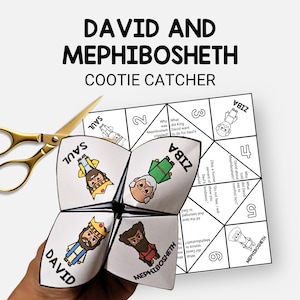 May include: A white paper cootie catcher featuring the text "David and Mephibosheth" and cartoon illustrations. Gold scissors are positioned next to the cootie catcher. The cootie catcher is held by a hand.