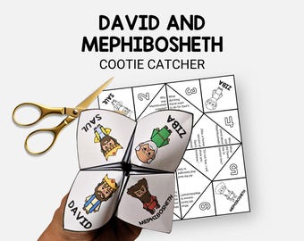 May include: A white paper cootie catcher with the text "David and Mephibosheth" and illustrations of biblical figures. Gold scissors are next to the cootie catcher. The cootie catcher is being held by a hand.