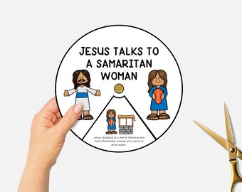Jesus Talks to a Samaritan Woman, Printable Bible Coloring Wheel, Woman at the Well Sunday School Craft, Kids Bible Lesson Spinning Wheel