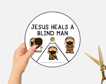 Jesus Heals a Man Born Blind, Miracles of Jesus, Printable Bible Coloring Wheel, Sunday School Craft, Kids Bible Story Spinning Wheel