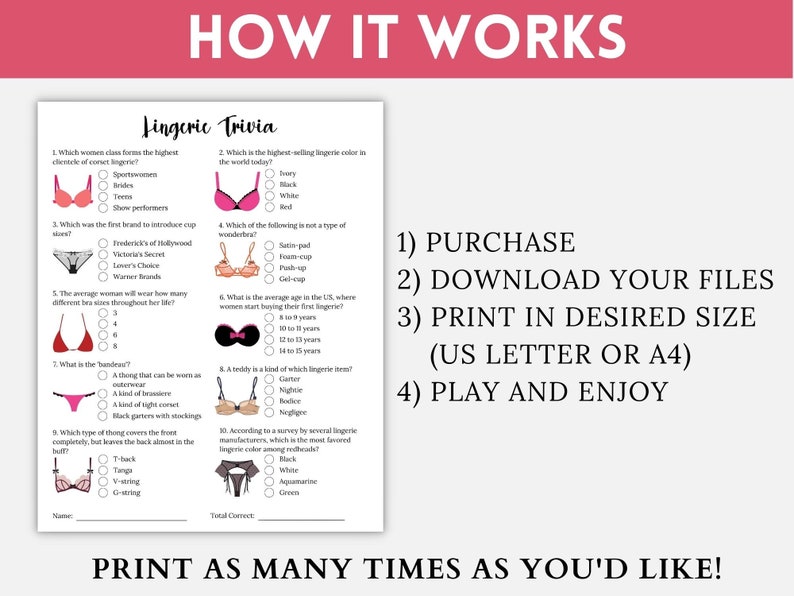 Lingerie Trivia Game Lingerie Games Lingerie Shower - Etsy