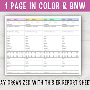 May include: A printable emergency room report sheet with four columns, each with a light blue, light green, light pink, or light yellow background. The columns are labeled "Room", "Name", "Age", "Sex", "Code", "Allergies", "Presenting Complaint", "Past Medical History", "CNS", "Resp", "CVS", "GIT", "Renal", "Skin", "Mobility", "Access", "Risks", "Labs", "ECG", "Scans", and "Plan". The sheet includes a section for recording vital signs, including heart rate, temperature, oxygen saturation, blood pressure, and Glasgow Coma Scale (GCS). The sheet also includes a section for recording isolation precautions, including contact, droplet, and airborne.
