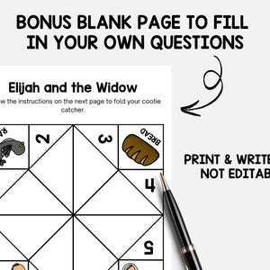 Puede incluir: Una p&aacute;gina imprimible blanca con el texto "BONUS BLANK PAGE TO FILL IN YOUR OWN QUESTIONS" y "Elijah and the Widow". La p&aacute;gina incluye un dise&ntilde;o de comecocos con n&uacute;meros e ilustraciones. Un bol&iacute;grafo negro est&aacute; a la derecha.