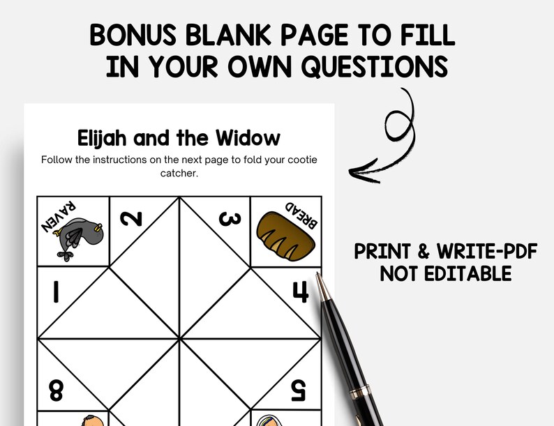 Puede incluir: Una p&aacute;gina imprimible blanca con el texto "BONUS BLANK PAGE TO FILL IN YOUR OWN QUESTIONS" y "Elijah and the Widow". La p&aacute;gina incluye un dise&ntilde;o de comecocos con n&uacute;meros e ilustraciones. Un bol&iacute;grafo negro est&aacute; a la derecha.