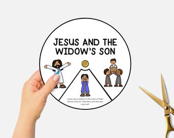 Jesús y el hijo de la viuda, rueda para colorear bíblica imprimible, manualidad de los milagros de Jesús para la escuela dominical, rueda giratoria para lecciones bíblicas infantiles