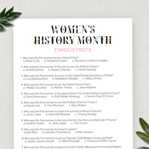 Women&#39;s History Month Famous Firsts Game, Printable International Women&#39;s Day Trivia Game, Fun Educational Activity, Digital Download