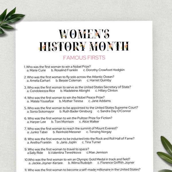 Women's History Month Famous Firsts Game, Printable International Women's Day Trivia Game, Fun Educational Activity, Digital Download