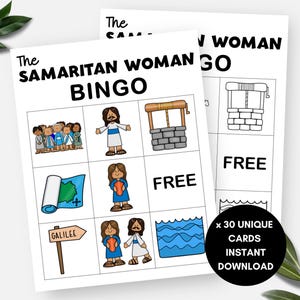 Gesù parla a una donna samaritana, Schede del bingo con storie bibliche, Attività stampabile per la scuola domenicale per bambini con la donna al pozzo, Gioco cristiano VBS