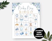 Baby Boy Bingo, Baby Shower Bingo, 50 Watercolor Blue Floral Bingo Cards, Its a Boy Baby Shower Party, Gender Reveal, Baby Bingo Game