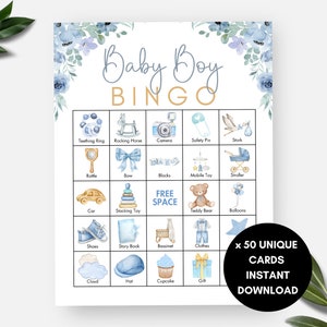 Bingo voor babyjongen, bingo voor babyshower, 50 bingokaarten met aquarel blauwe bloemen, babyshower, babybingo, babybingospel