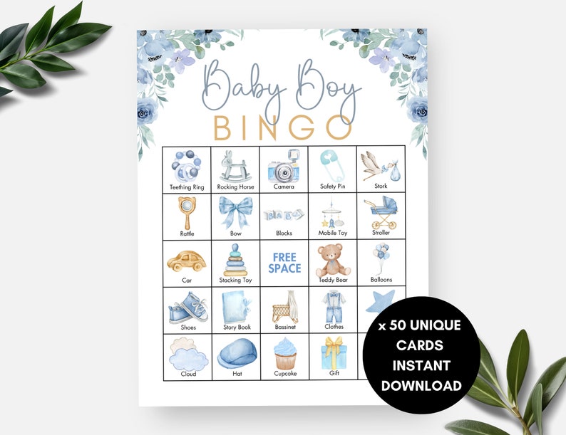 May include: A blue and white baby shower bingo card with images of baby items like a rocking horse, teddy bear, and a rattle. The card says "Baby Boy Bingo" at the top and "x 50 UNIQUE CARDS INSTANT DOWNLOAD" at the bottom.