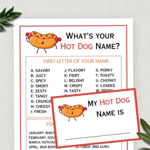 Wat is jouw hotdognaam, hotdog-feestspel voor kinderen en volwassenen, barbecue-cookout zomeractiviteit, hotdog-maand, hot diggity hond, BBQ