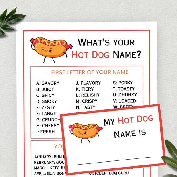 Whats Your Hot Dog Name, Hot Dog Party Game for Kids and Adults, Barbeque Cookout Summer Activity, Hot Dog Month, Hot Diggity Dog, BBQ