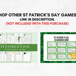 May include: A set of eight printable St. Patrick's Day games, including a scavenger hunt with 30 clues. The games are designed for kids and adults and feature a green shamrock and gold pot of gold theme.
