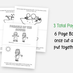 May include: A black and white illustrated children's book titled "Parable of the Sower." The book has 3 pages, forming a 6-page book when cut and assembled. The text "3 Total Pages" and "6 Page Book" are visible.