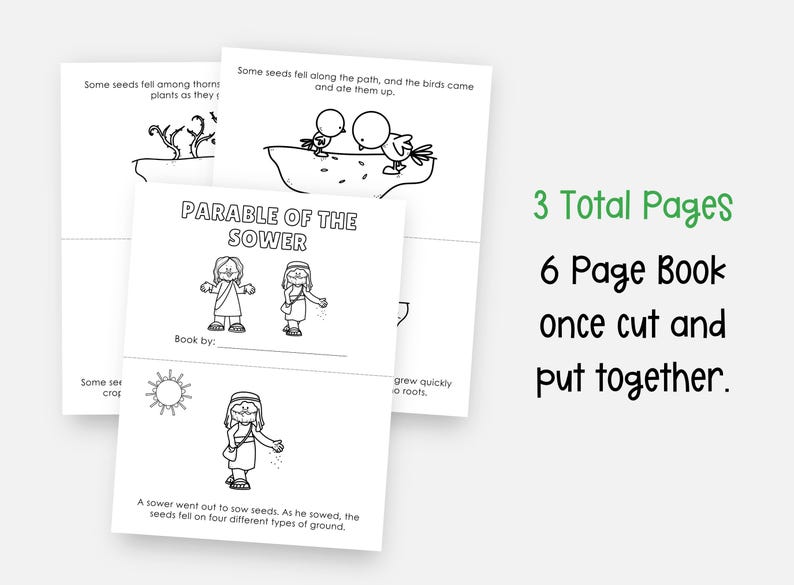 May include: A black and white illustrated children's book titled "Parable of the Sower." The book has 3 pages, forming a 6-page book when cut and assembled. The text "3 Total Pages" and "6 Page Book" are visible.