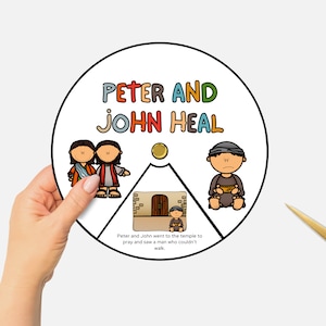 Peter en John Heal, afdrukbare bijbelles kleurwiel, kinder zondagsschoolambacht, spinnewiel bijbelverhaal, christelijk thuisonderwijs