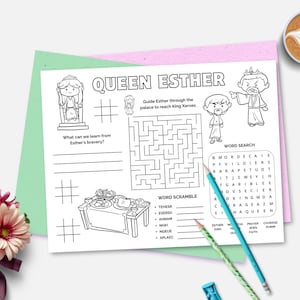 Queen Esther, Printable Bible Activity Placemat, Sunday School, Kids Bible Study, Bible Story Activity Sheet, Christian Homeschool Placemat