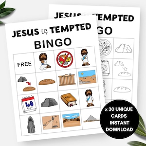 May include: A printable bingo card game for children featuring illustrations of Jesus being tempted in the desert. The card has images of a loaf of bread, a rock, a calendar, a temple, a devil, and a bible. The text on the card says "Jesus is Tempted Bingo".