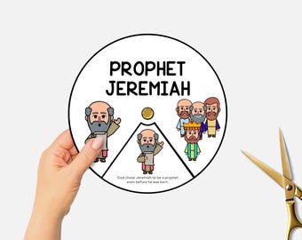 May include: A circular illustration with the text "PROPHET JEREMIAH" and cartoon figures. The image is held by a hand, with gold scissors in the background. The text "God chose Jeremiah to be a prophet even before he was born" is also present.