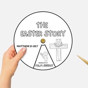 Easter Story Craft, Printable Bible Story Coloring Wheel, Holy Week Sunday School Lesson, Kids Bible Study Spinning Wheel, Homeschool