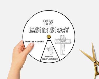 Easter Story Craft, Printable Bible Story Coloring Wheel, Holy Week Sunday School Lesson, Kids Bible Study Spinning Wheel, Homeschool