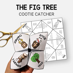 May include: A white paper cootie catcher with the text "THE FIG TREE COOTIE CATCHER" and illustrations of Jesus, a farmer, and a tree. Gold scissors are next to the cootie catcher.