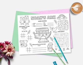 El Arca de Noé, mantel individual imprimible con actividades bíblicas, escuela dominical, estudio bíblico para niños, hoja de actividades con historias bíblicas, educación cristiana en casa