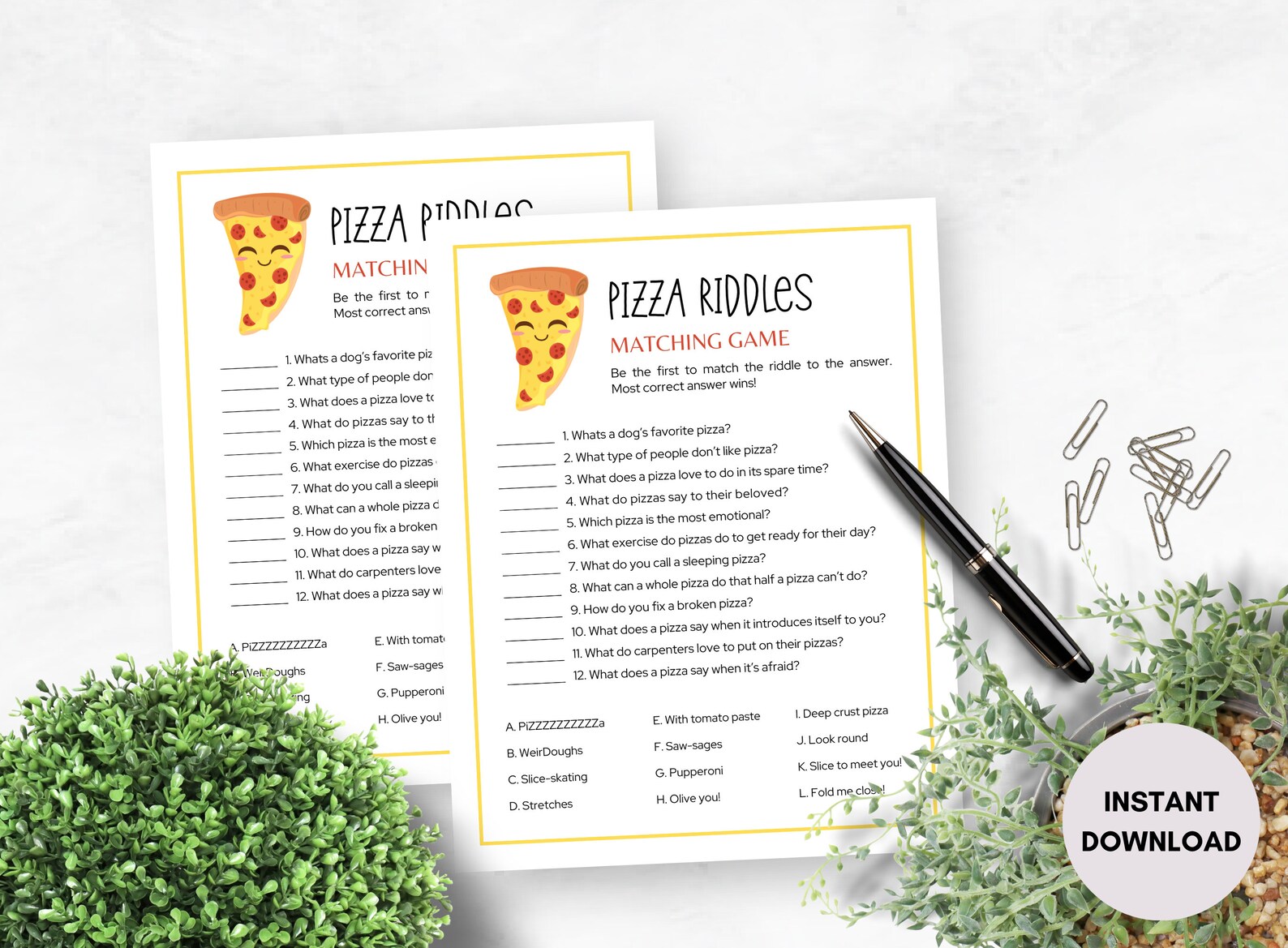 Printable Pizza Riddles, Pizza Birthday Party Game, Icebreaker, Slumber