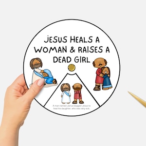 Jesus Heals a Woman and Raises a Dead Girl, Printable Bible Coloring Wheel, Sunday School Craft, Christian Bible Story Spinning Wheel